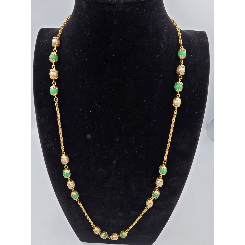 Vintage Gold Tone Green Bead & Faux Pearl Station Necklace Long Chain Strand‎